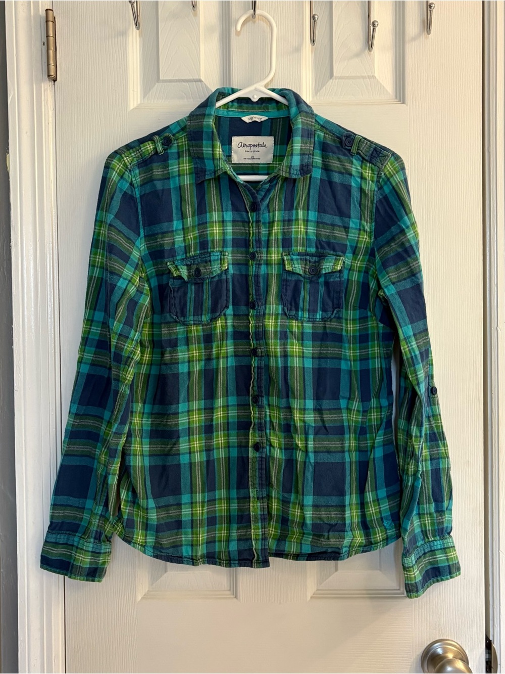 Aeropostale Eighty-Seven Plaid Flannel Shirt Womens Large L Green Blue Cotton.